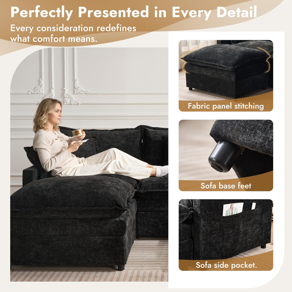OVIOS U-Shaped Modular Sectional Sofa, Cloud Couch with 2 Ottomans, Deep Seat Chenille Sofa for Living Room
