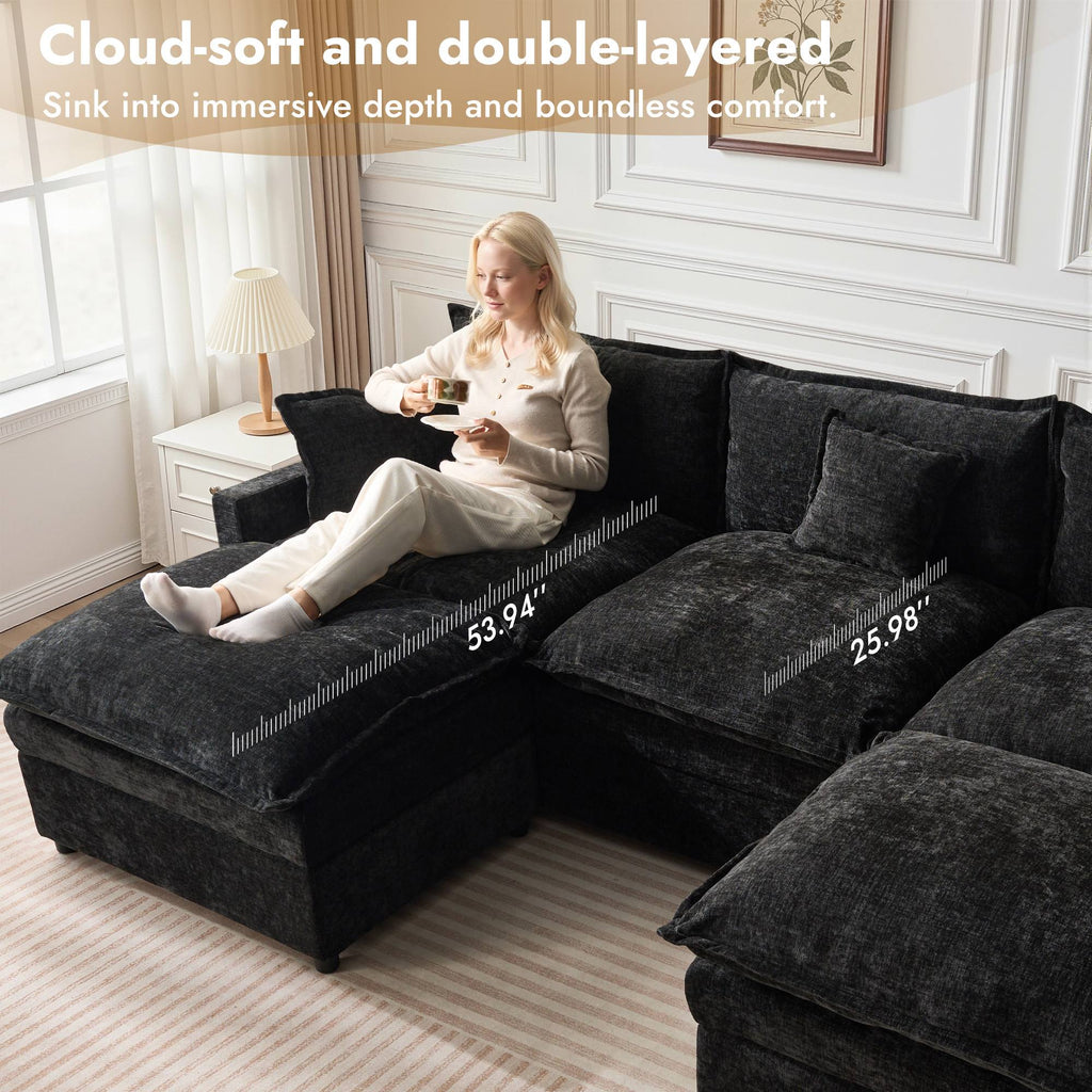 OVIOS U-Shaped Modular Sectional Sofa, Cloud Couch with 2 Ottomans, Deep Seat Chenille Sofa for Living Room