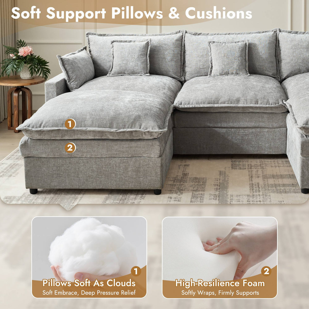 OVIOS U-Shaped Modular Sectional Sofa, Cloud Couch with 2 Ottomans, Deep Seat Chenille Sofa for Living Room