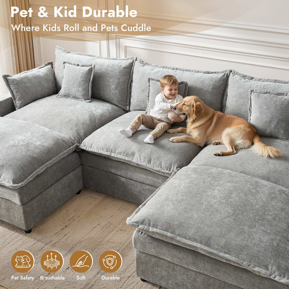 OVIOS U-Shaped Modular Sectional Sofa, Cloud Couch with 2 Ottomans, Deep Seat Chenille Sofa for Living Room
