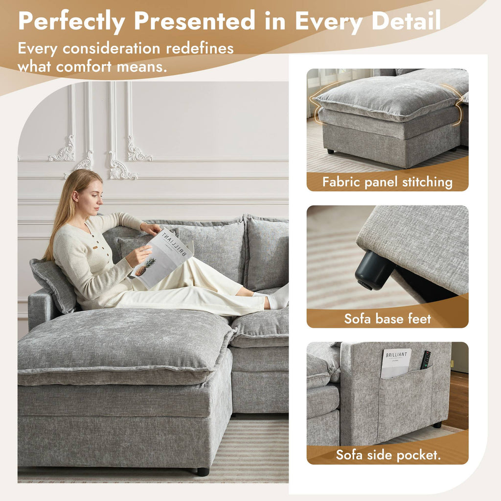 OVIOS U-Shaped Modular Sectional Sofa, Cloud Couch with 2 Ottomans, Deep Seat Chenille Sofa for Living Room