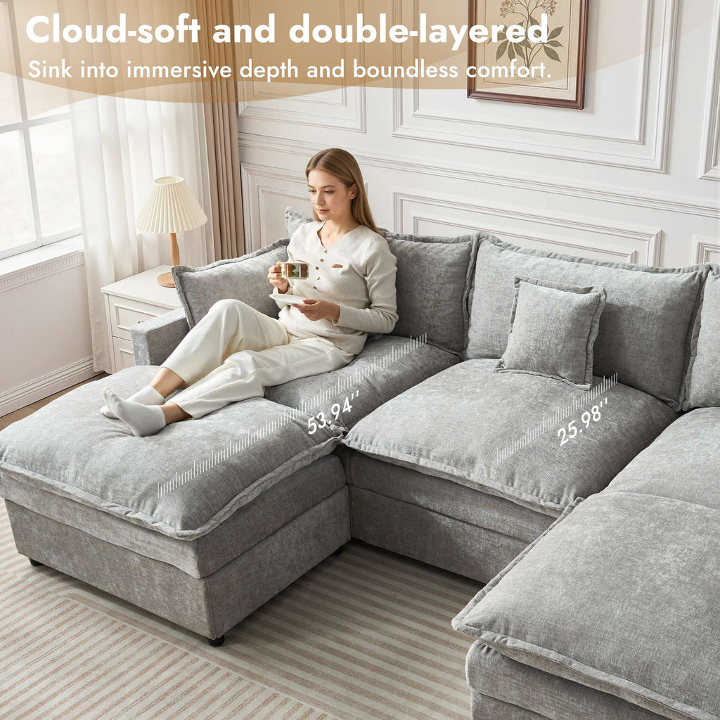 OVIOS U-Shaped Modular Sectional Sofa, Cloud Couch with 2 Ottomans, Deep Seat Chenille Sofa for Living Room