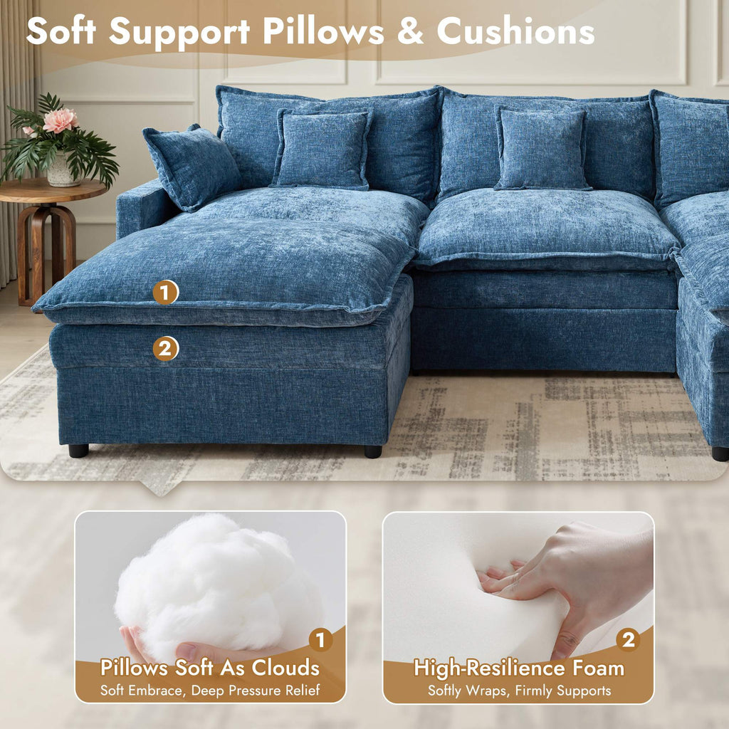 OVIOS U-Shaped Modular Sectional Sofa, Cloud Couch with 2 Ottomans, Deep Seat Chenille Sofa for Living Room