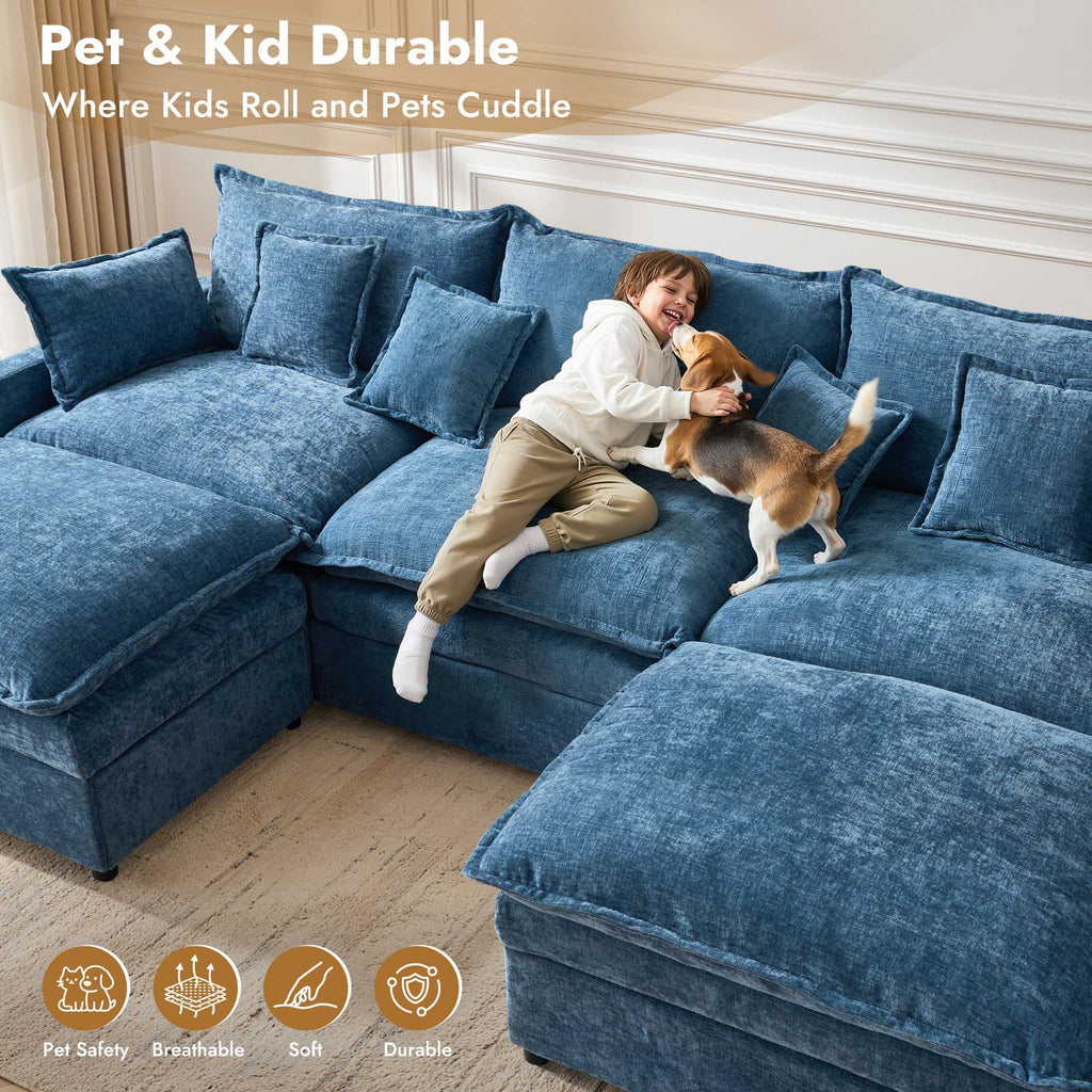 OVIOS U-Shaped Modular Sectional Sofa, Cloud Couch with 2 Ottomans, Deep Seat Chenille Sofa for Living Room