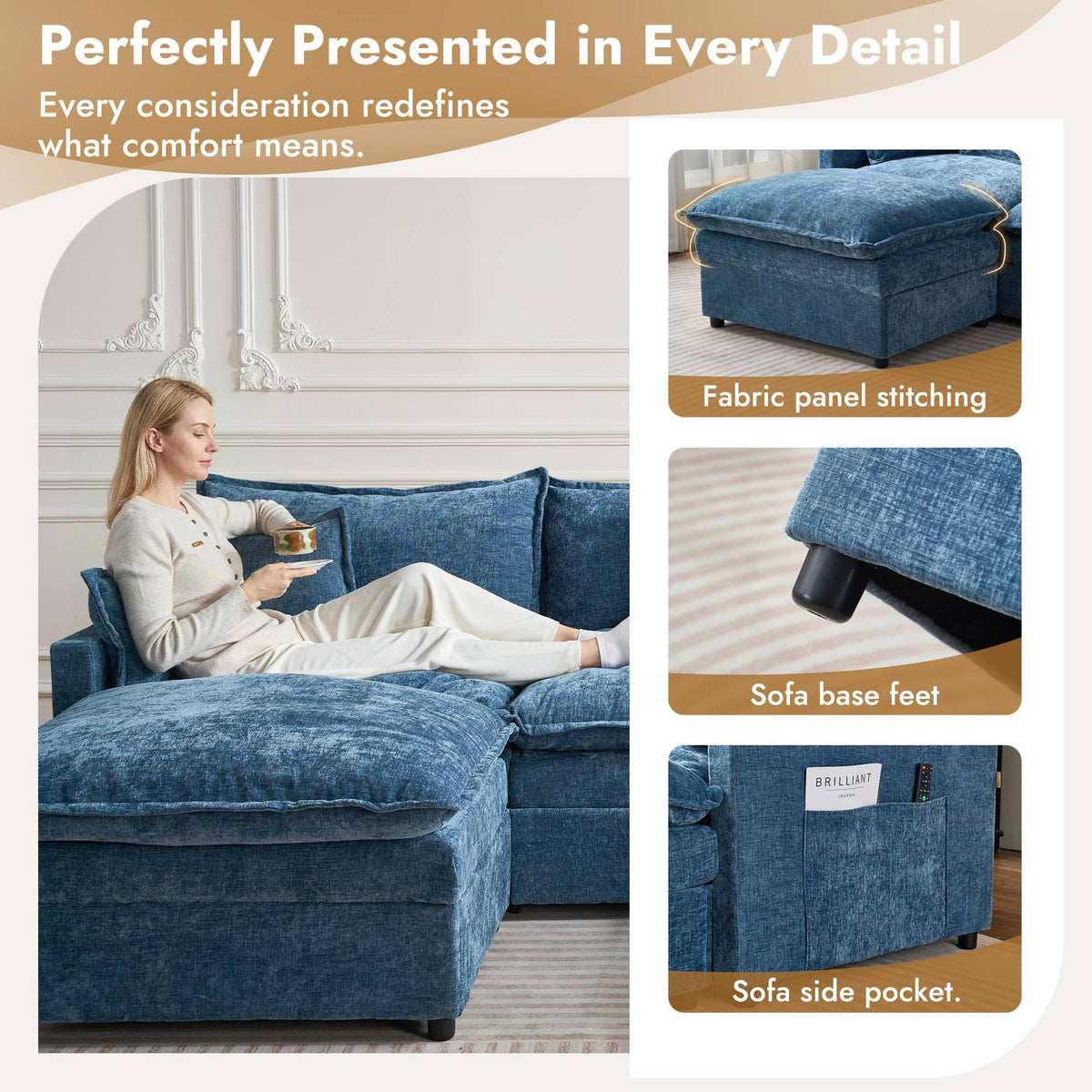 OVIOS U-Shaped Modular Sectional Sofa, Cloud Couch with 2 Ottomans, Deep Seat Chenille Sofa for Living Room