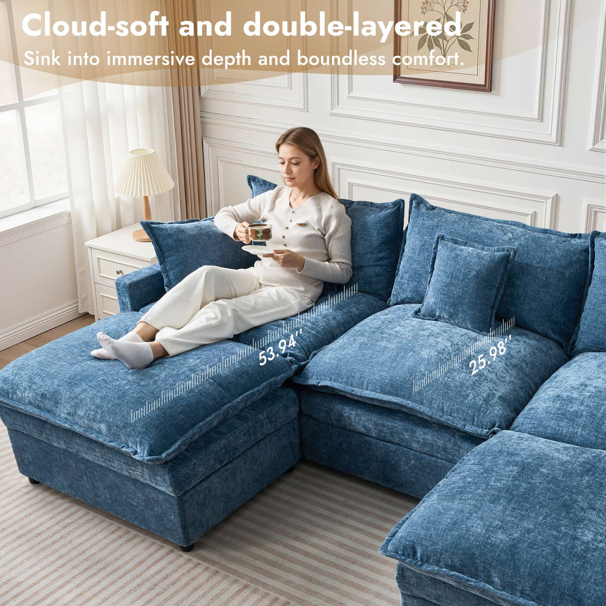 OVIOS U-Shaped Modular Sectional Sofa, Cloud Couch with 2 Ottomans, Deep Seat Chenille Sofa for Living Room