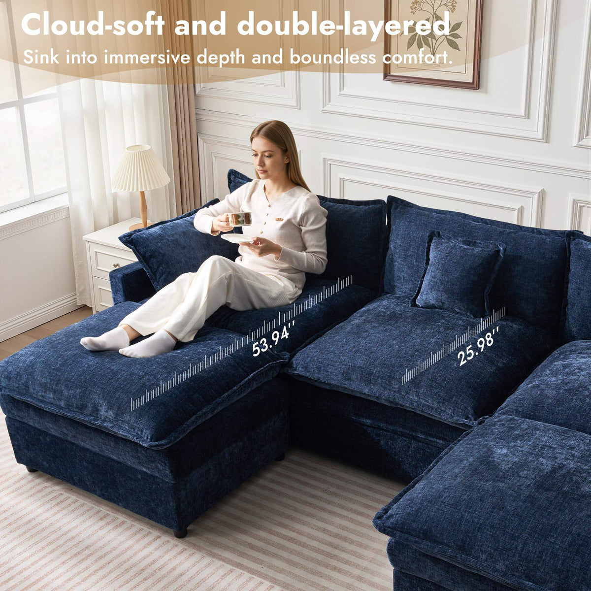 OVIOS U-Shaped Modular Sectional Sofa, Cloud Couch with 2 Ottomans, Deep Seat Chenille Sofa for Living Room