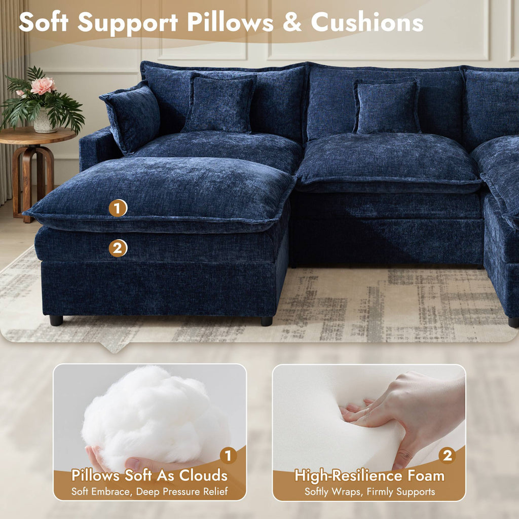 OVIOS U-Shaped Modular Sectional Sofa, Cloud Couch with 2 Ottomans, Deep Seat Chenille Sofa for Living Room