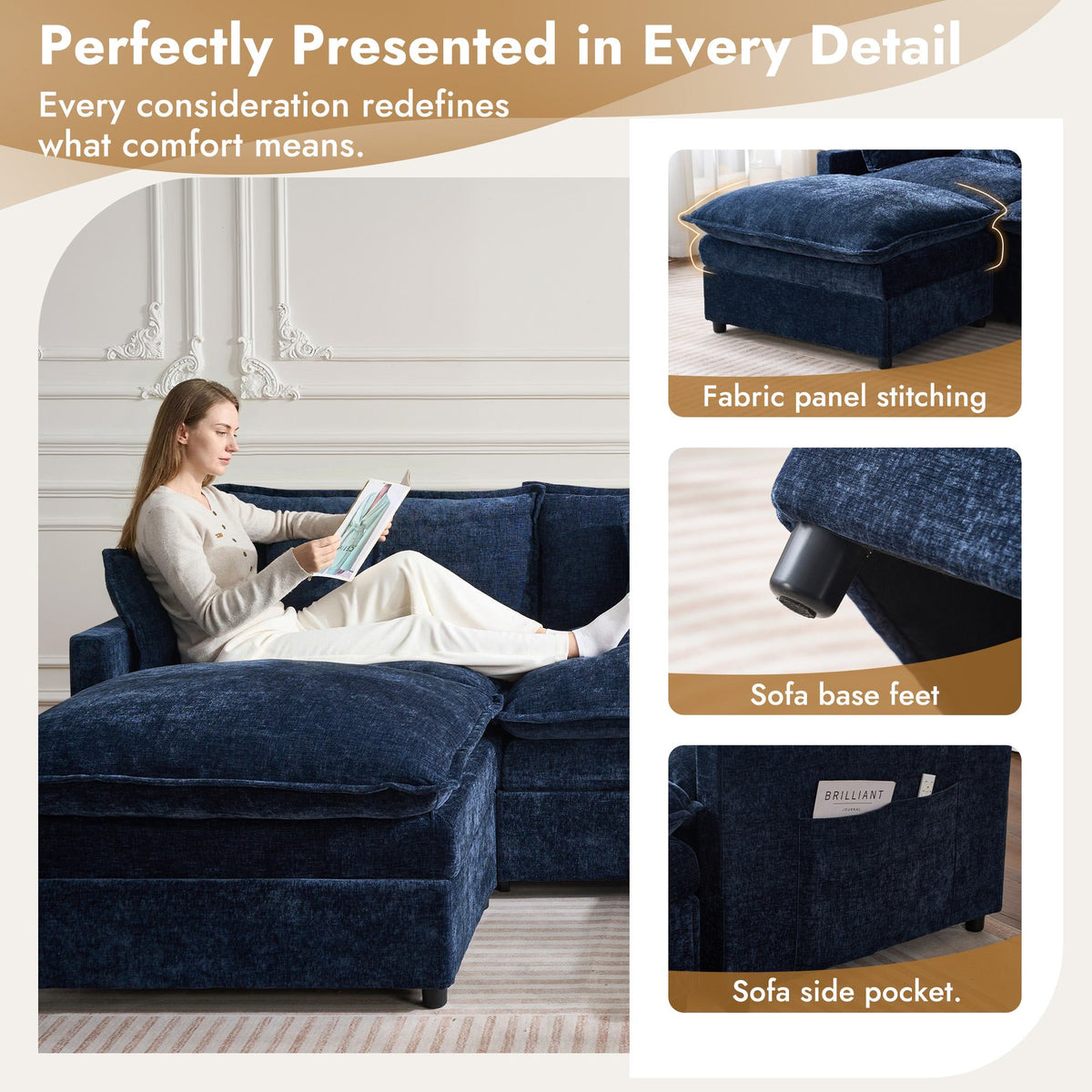 OVIOS U-Shaped Modular Sectional Sofa, Cloud Couch with 2 Ottomans, Deep Seat Chenille Sofa for Living Room