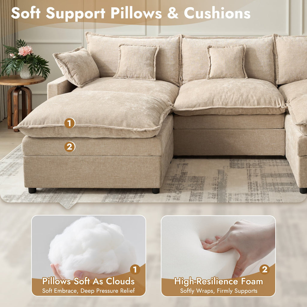 OVIOS U-Shaped Modular Sectional Sofa, Cloud Couch with 2 Ottomans, Deep Seat Chenille Sofa for Living Room