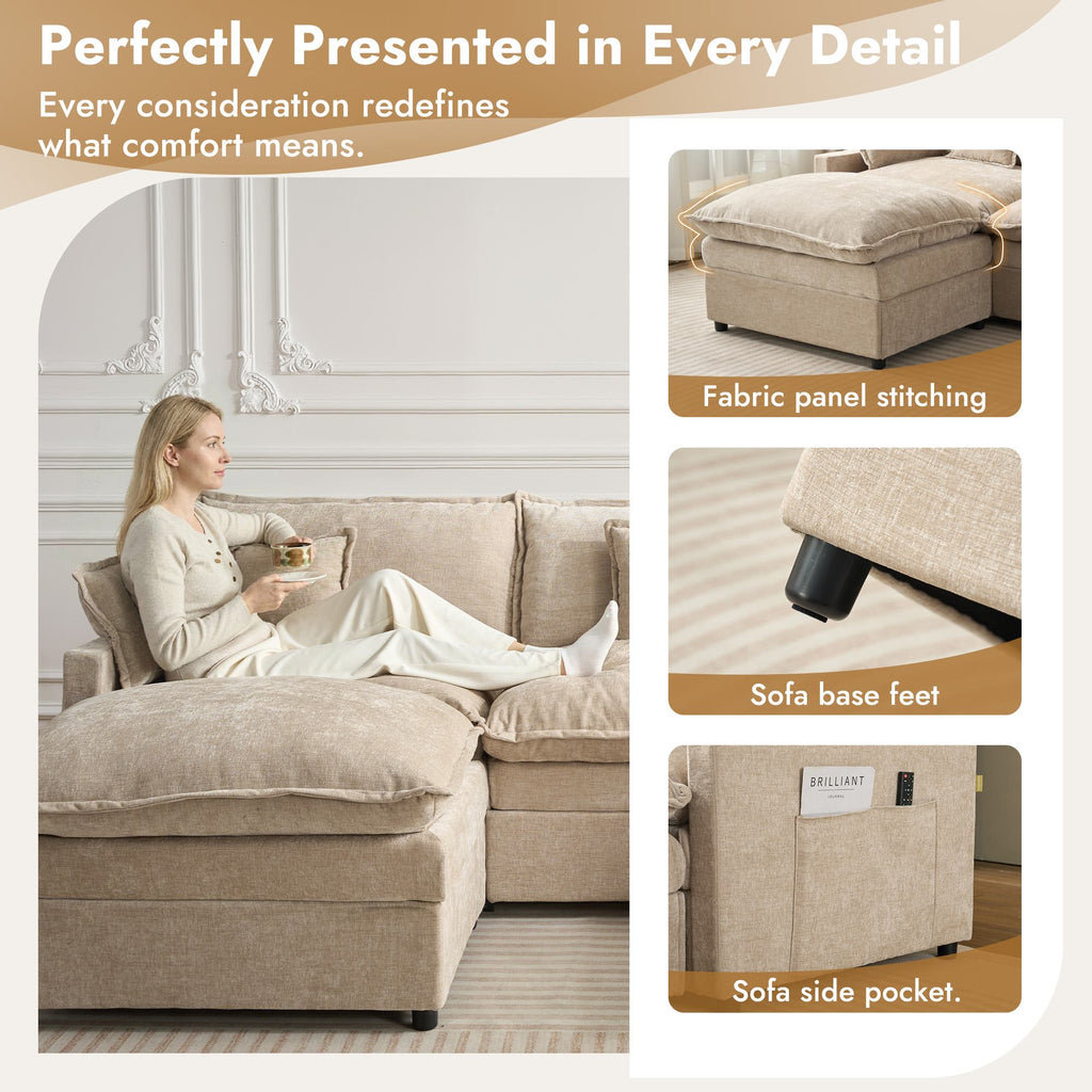 OVIOS U-Shaped Modular Sectional Sofa, Cloud Couch with 2 Ottomans, Deep Seat Chenille Sofa for Living Room