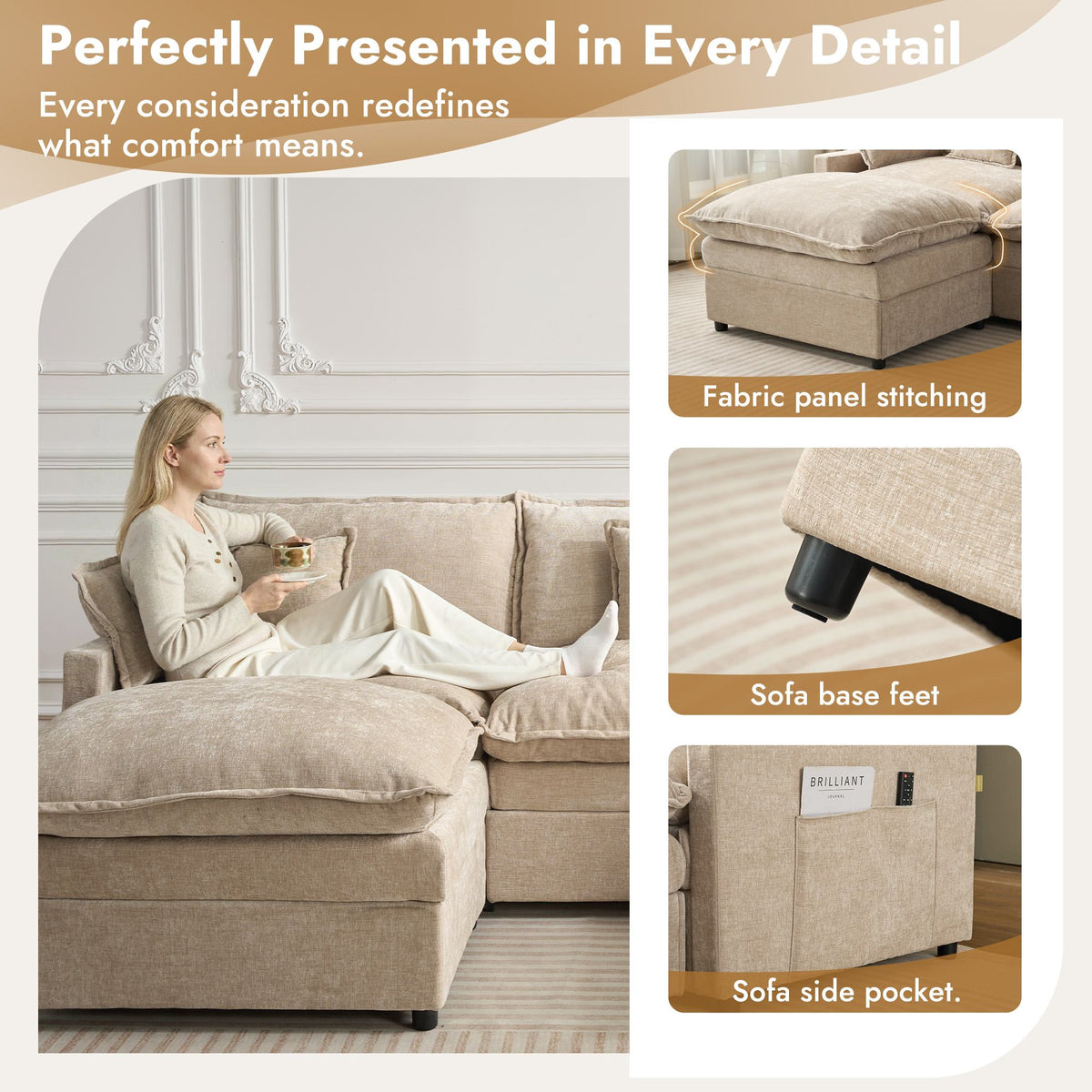 OVIOS U-Shaped Modular Sectional Sofa, Cloud Couch with 2 Ottomans, Deep Seat Chenille Sofa for Living Room