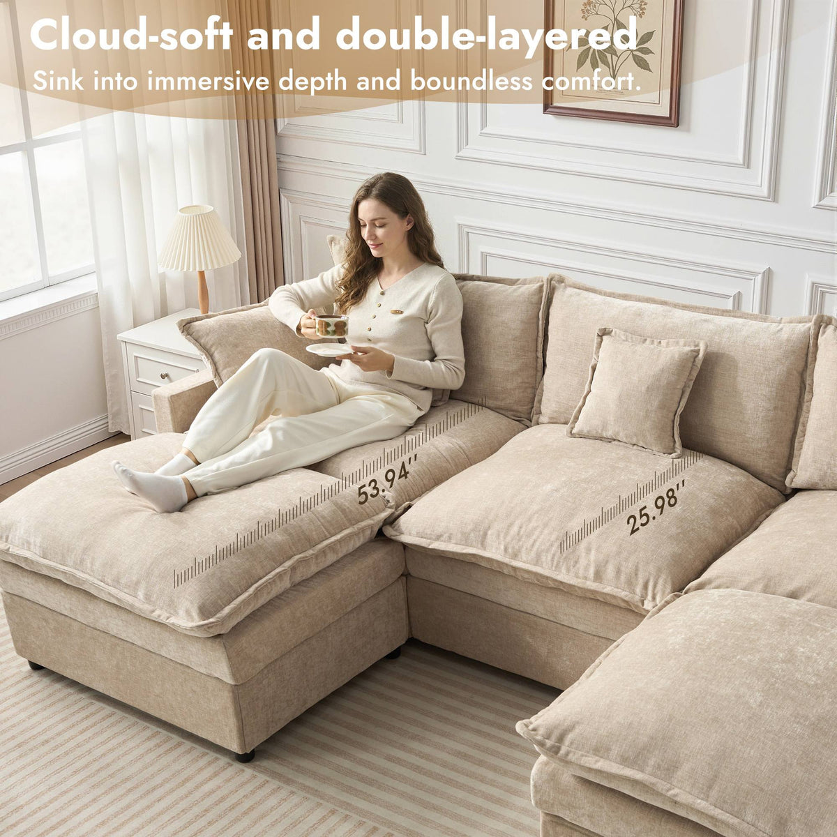OVIOS U-Shaped Modular Sectional Sofa, Cloud Couch with 2 Ottomans, Deep Seat Chenille Sofa for Living Room