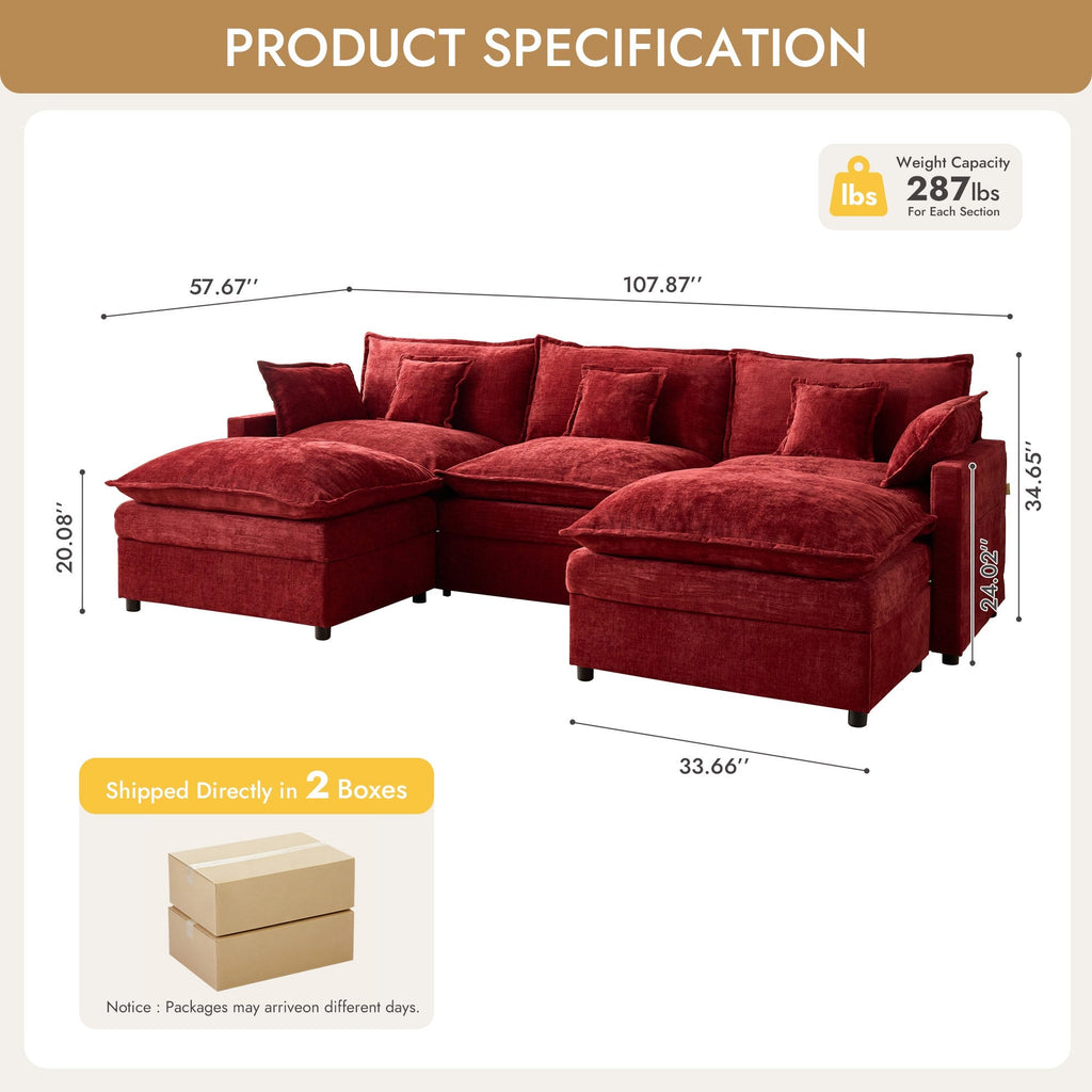 OVIOS U-Shaped Modular Sectional Sofa, Cloud Couch with 2 Ottomans, Deep Seat Chenille Sofa for Living Room