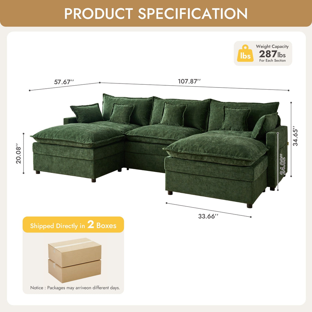 OVIOS U-Shaped Modular Sectional Sofa, Cloud Couch with 2 Ottomans, Deep Seat Chenille Sofa for Living Room