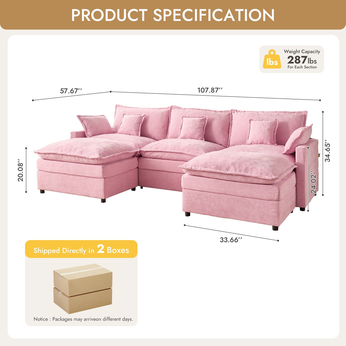 OVIOS U-Shaped Modular Sectional Sofa, Cloud Couch with 2 Ottomans, Deep Seat Chenille Sofa for Living Room