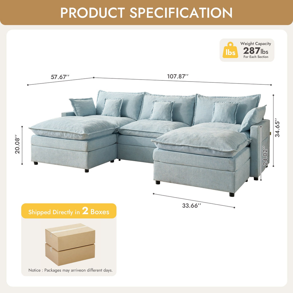OVIOS U-Shaped Modular Sectional Sofa, Cloud Couch with 2 Ottomans, Deep Seat Chenille Sofa for Living Room