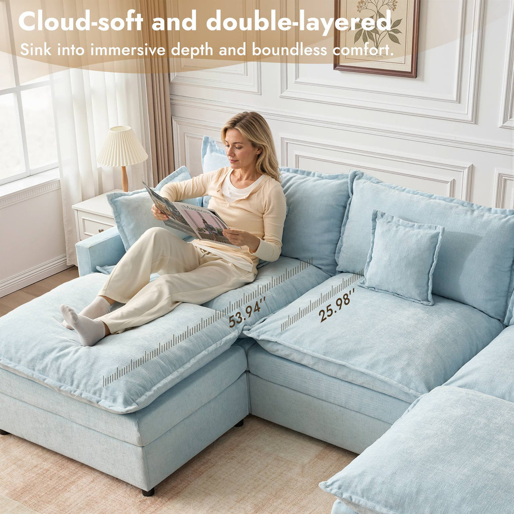 OVIOS U-Shaped Modular Sectional Sofa, Cloud Couch with 2 Ottomans, Deep Seat Chenille Sofa for Living Room