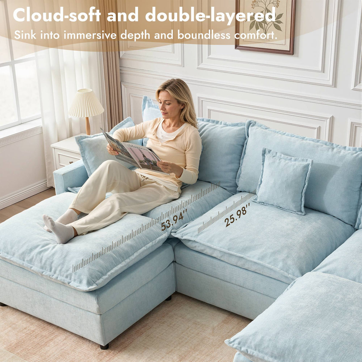OVIOS U-Shaped Modular Sectional Sofa, Cloud Couch with 2 Ottomans, Deep Seat Chenille Sofa for Living Room