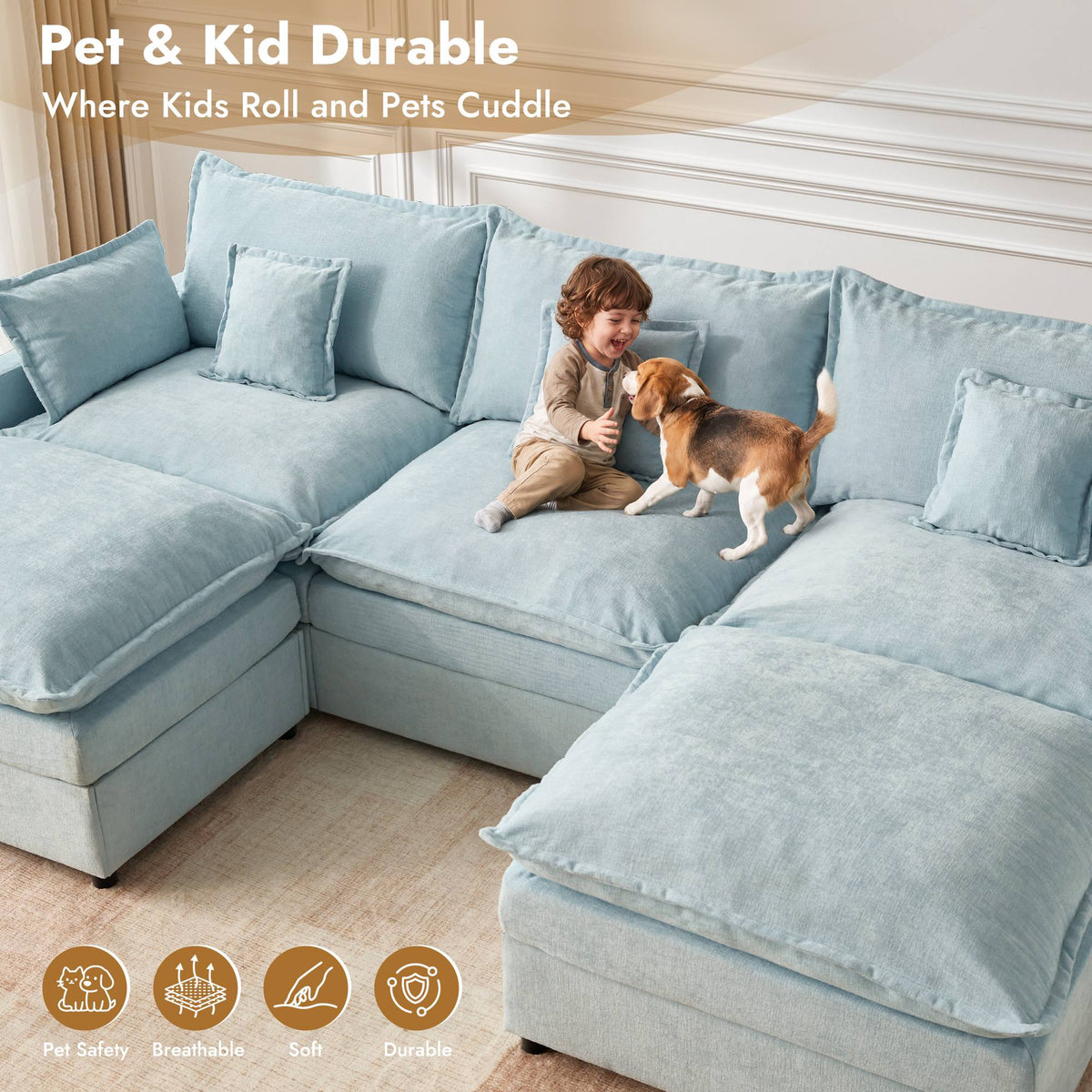 OVIOS U-Shaped Modular Sectional Sofa, Cloud Couch with 2 Ottomans, Deep Seat Chenille Sofa for Living Room
