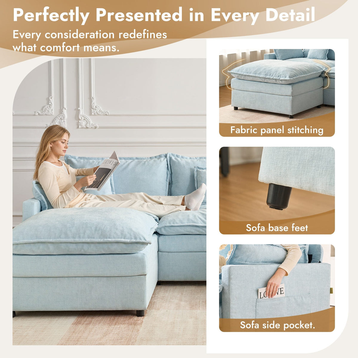 OVIOS U-Shaped Modular Sectional Sofa, Cloud Couch with 2 Ottomans, Deep Seat Chenille Sofa for Living Room