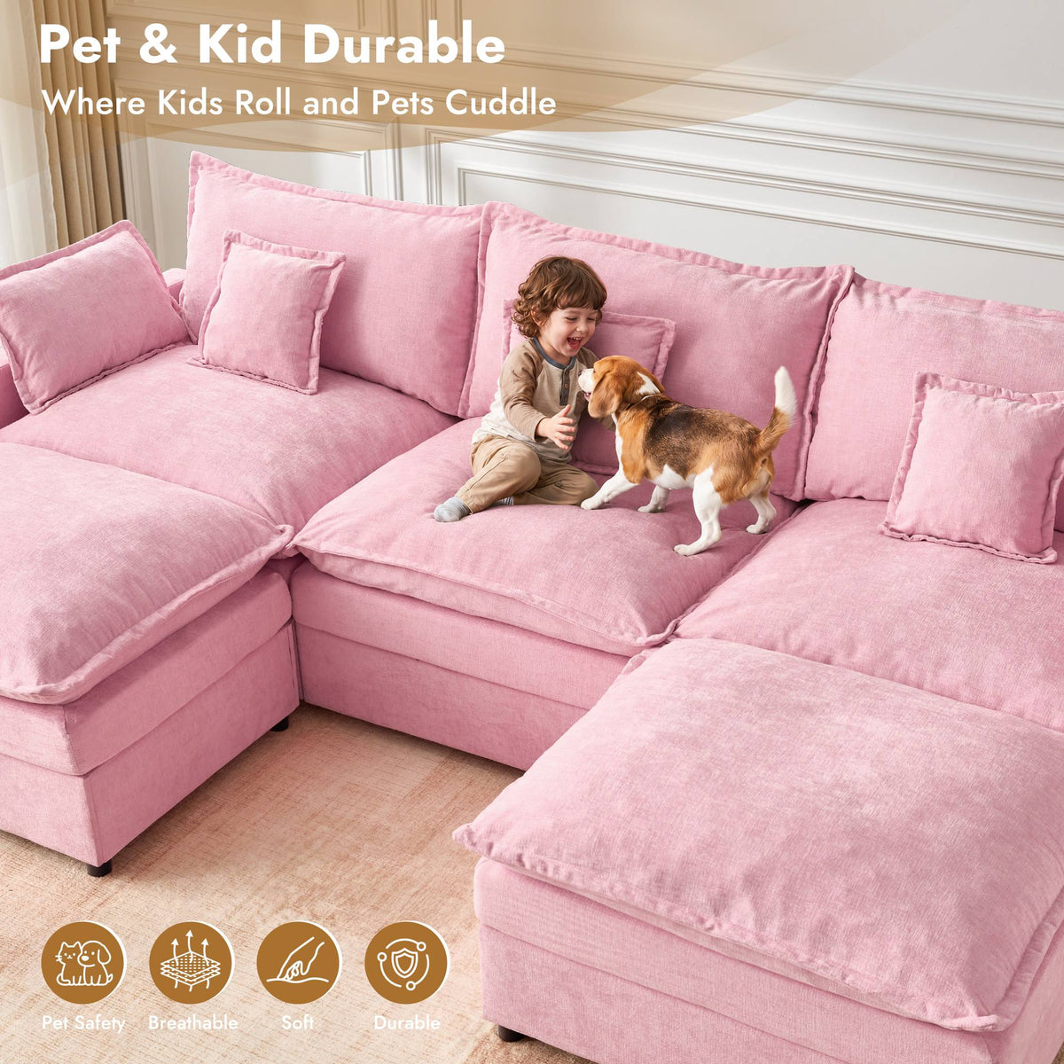 OVIOS U-Shaped Modular Sectional Sofa, Cloud Couch with 2 Ottomans, Deep Seat Chenille Sofa for Living Room