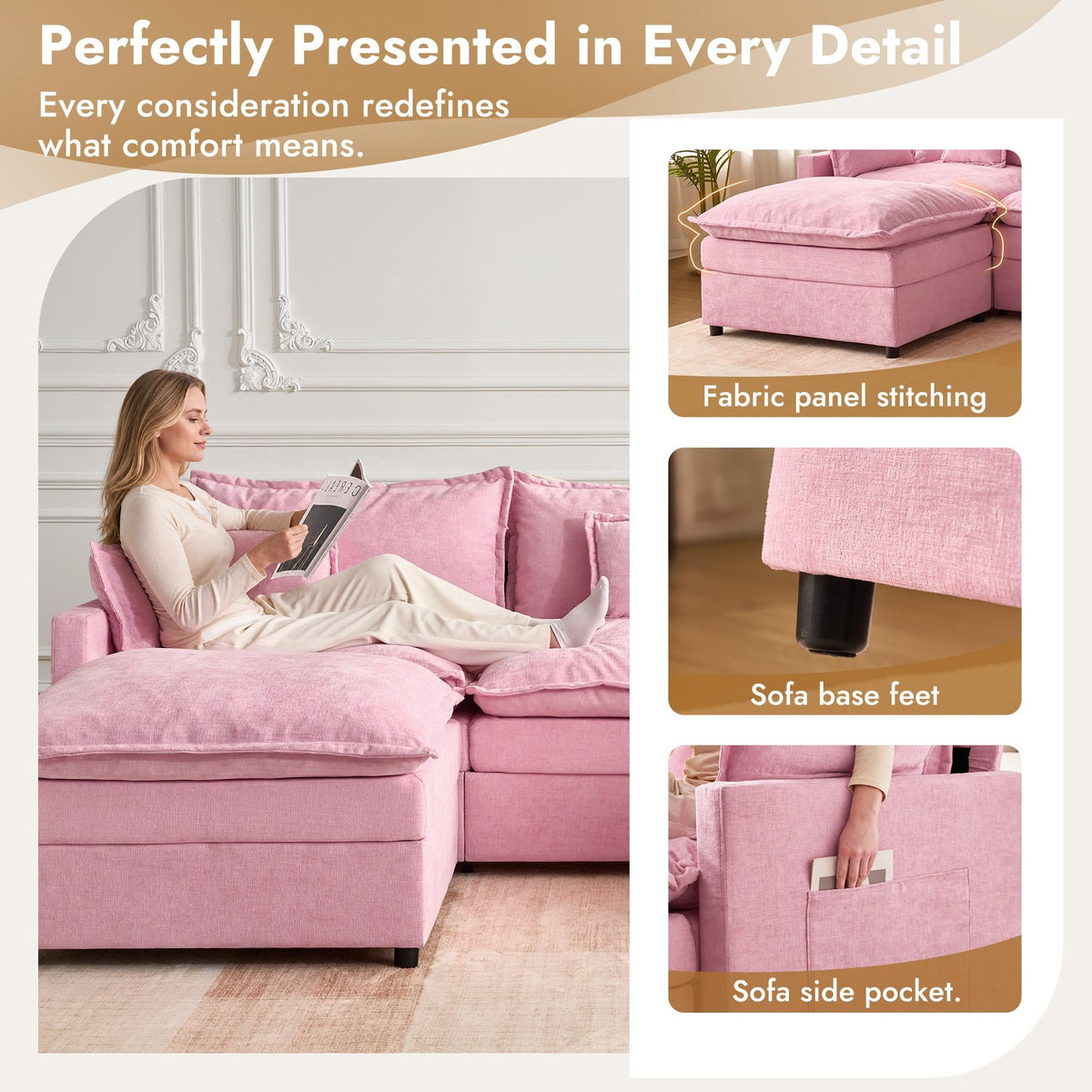 OVIOS U-Shaped Modular Sectional Sofa, Cloud Couch with 2 Ottomans, Deep Seat Chenille Sofa for Living Room
