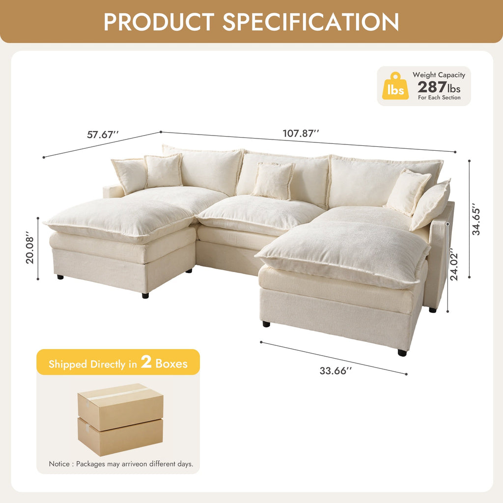 OVIOS U-Shaped Modular Sectional Sofa, Cloud Couch with 2 Ottomans, Deep Seat Chenille Sofa for Living Room