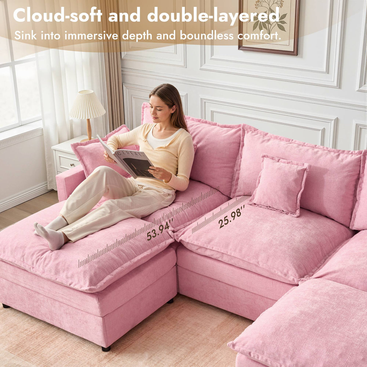 OVIOS U-Shaped Modular Sectional Sofa, Cloud Couch with 2 Ottomans, Deep Seat Chenille Sofa for Living Room