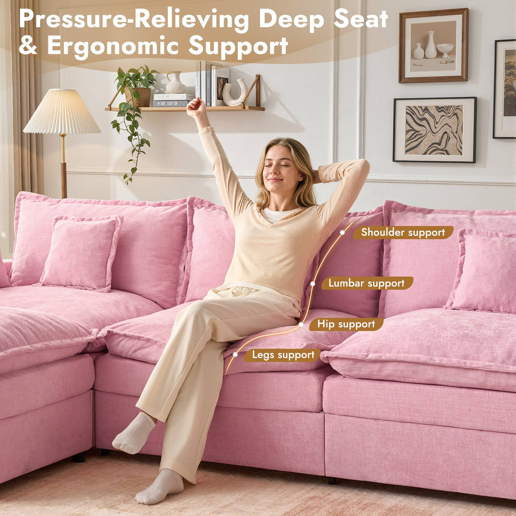 OVIOS U-Shaped Modular Sectional Sofa, Cloud Couch with 2 Ottomans, Deep Seat Chenille Sofa for Living Room