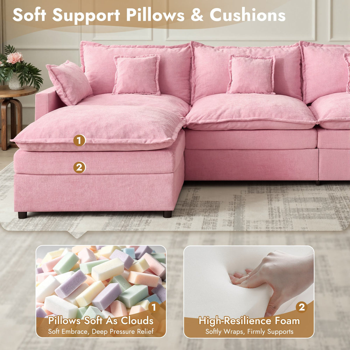 OVIOS U-Shaped Modular Sectional Sofa, Cloud Couch with 2 Ottomans, Deep Seat Chenille Sofa for Living Room
