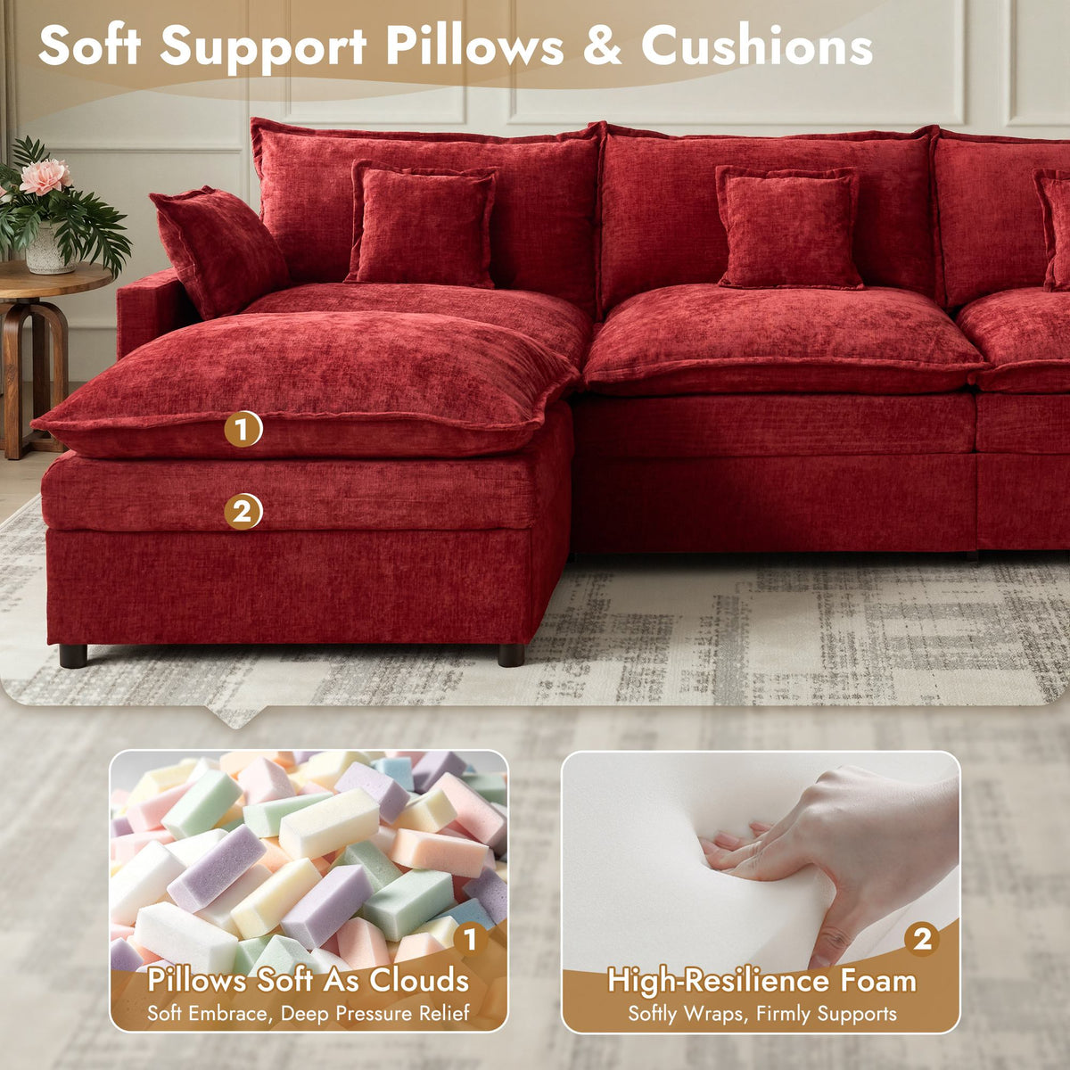 OVIOS U-Shaped Modular Sectional Sofa, Cloud Couch with 2 Ottomans, Deep Seat Chenille Sofa for Living Room
