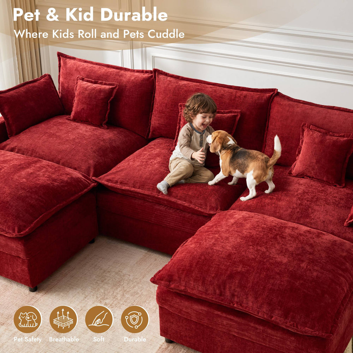 OVIOS U-Shaped Modular Sectional Sofa, Cloud Couch with 2 Ottomans, Deep Seat Chenille Sofa for Living Room