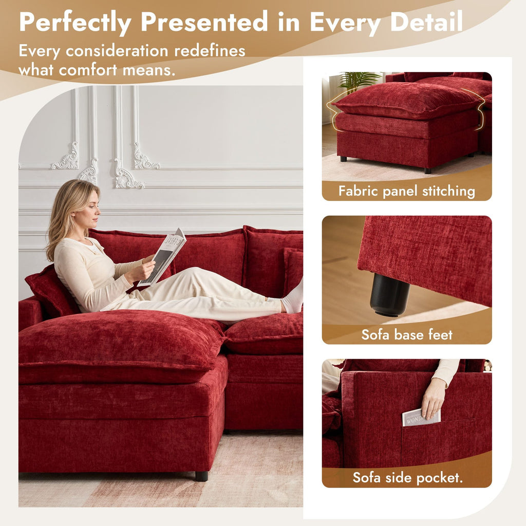 OVIOS U-Shaped Modular Sectional Sofa, Cloud Couch with 2 Ottomans, Deep Seat Chenille Sofa for Living Room