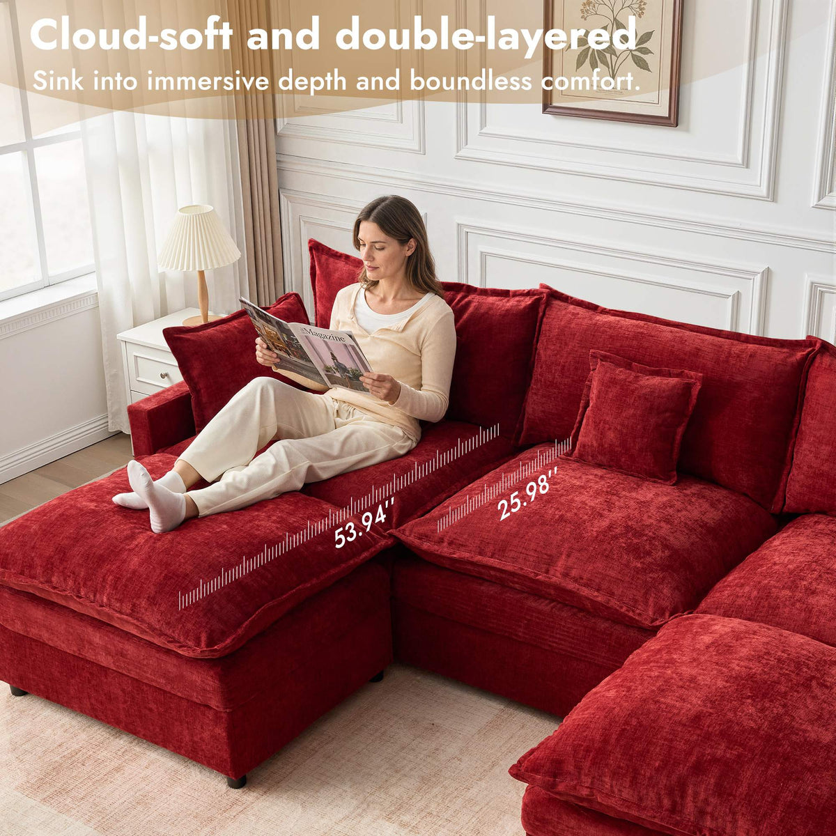 OVIOS U-Shaped Modular Sectional Sofa, Cloud Couch with 2 Ottomans, Deep Seat Chenille Sofa for Living Room