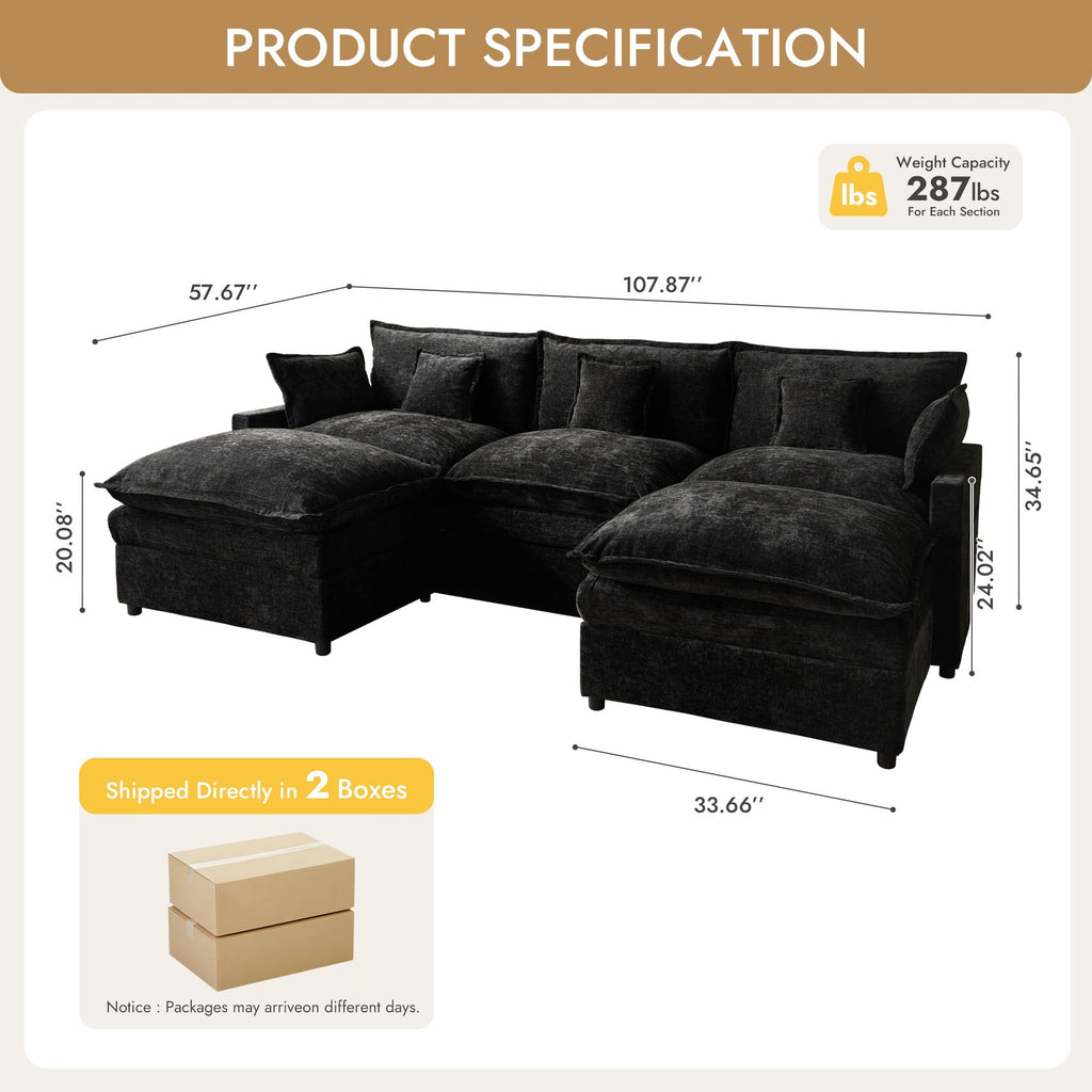 OVIOS U-Shaped Modular Sectional Sofa, Cloud Couch with 2 Ottomans, Deep Seat Chenille Sofa for Living Room