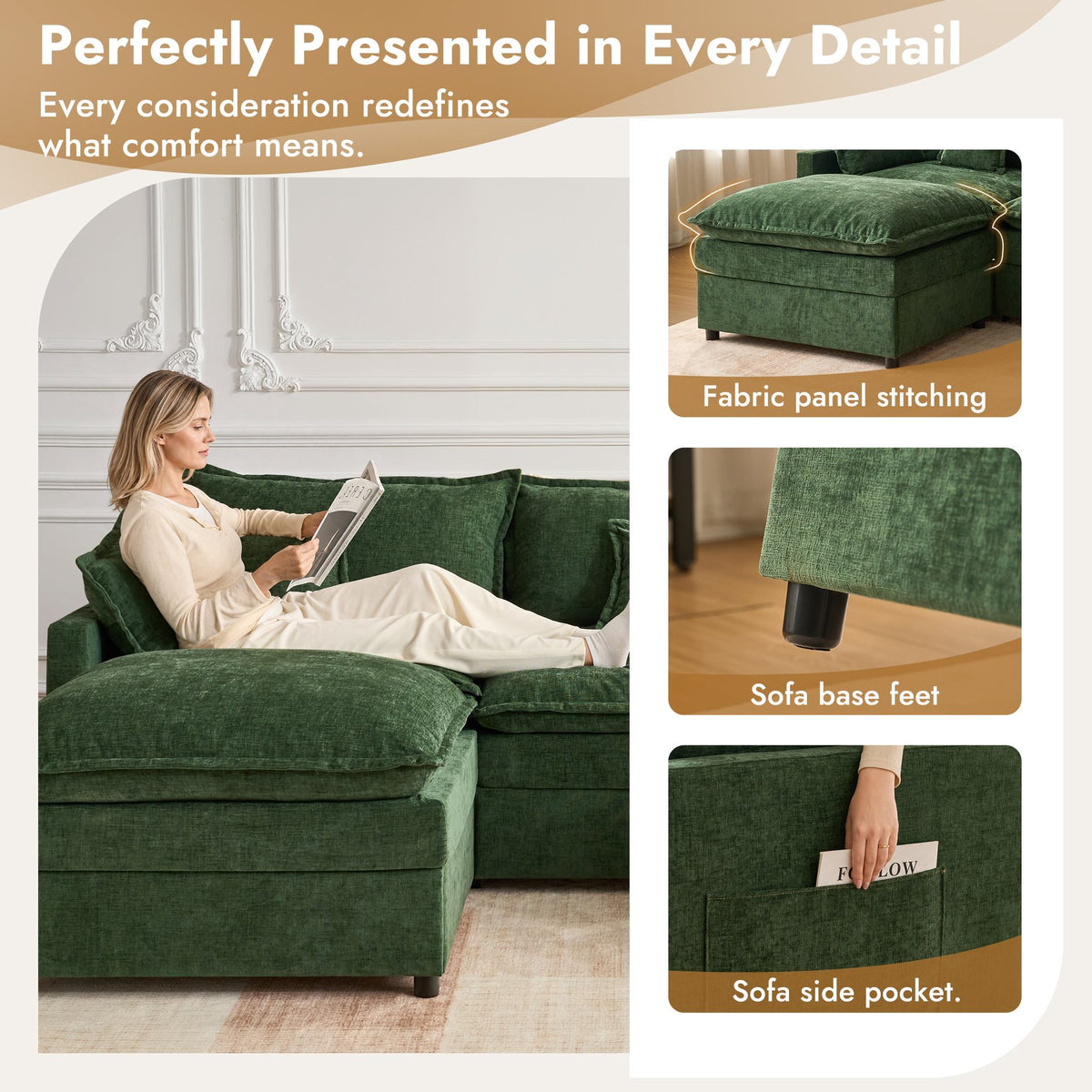 OVIOS U-Shaped Modular Sectional Sofa, Cloud Couch with 2 Ottomans, Deep Seat Chenille Sofa for Living Room