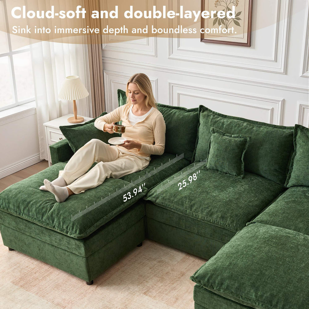 OVIOS U-Shaped Modular Sectional Sofa, Cloud Couch with 2 Ottomans, Deep Seat Chenille Sofa for Living Room