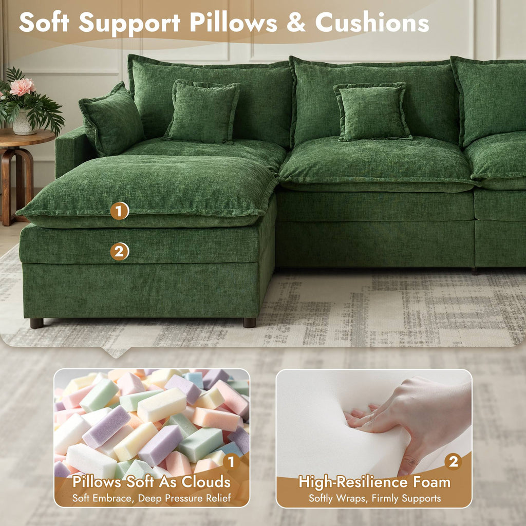 OVIOS U-Shaped Modular Sectional Sofa, Cloud Couch with 2 Ottomans, Deep Seat Chenille Sofa for Living Room