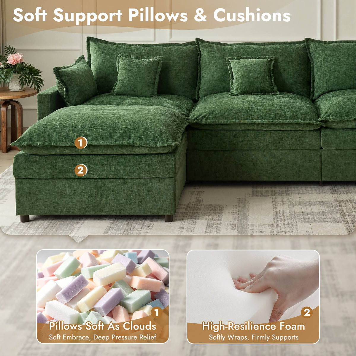 OVIOS U-Shaped Modular Sectional Sofa, Cloud Couch with 2 Ottomans, Deep Seat Chenille Sofa for Living Room