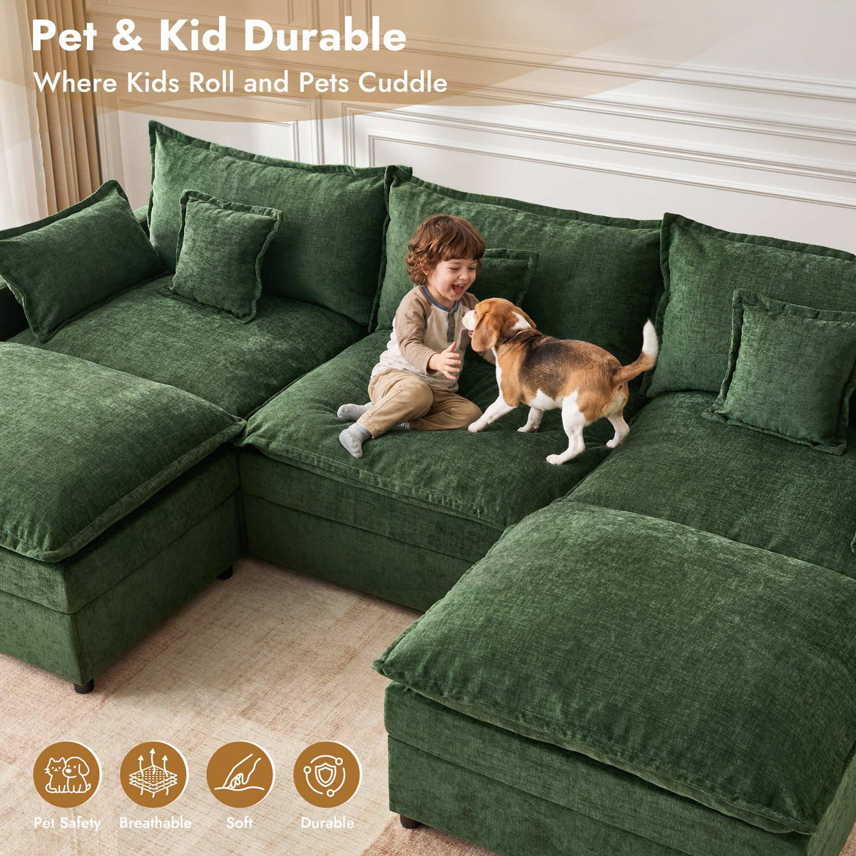 OVIOS U-Shaped Modular Sectional Sofa, Cloud Couch with 2 Ottomans, Deep Seat Chenille Sofa for Living Room