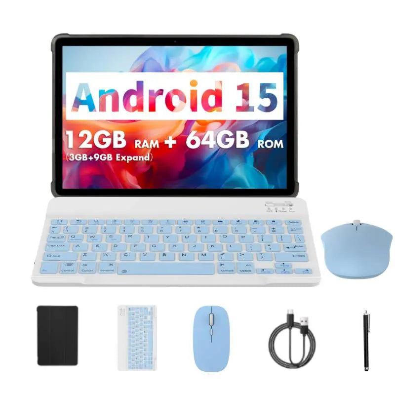 25.4 cm LCD Touchscreen Tablet with 16 GB (4 GB + 12 GB Expanded) RAM, 64 GB ROM, Android 15, Portable Bluetooth Keyboard and Mouse Set for Home Office and Gifting