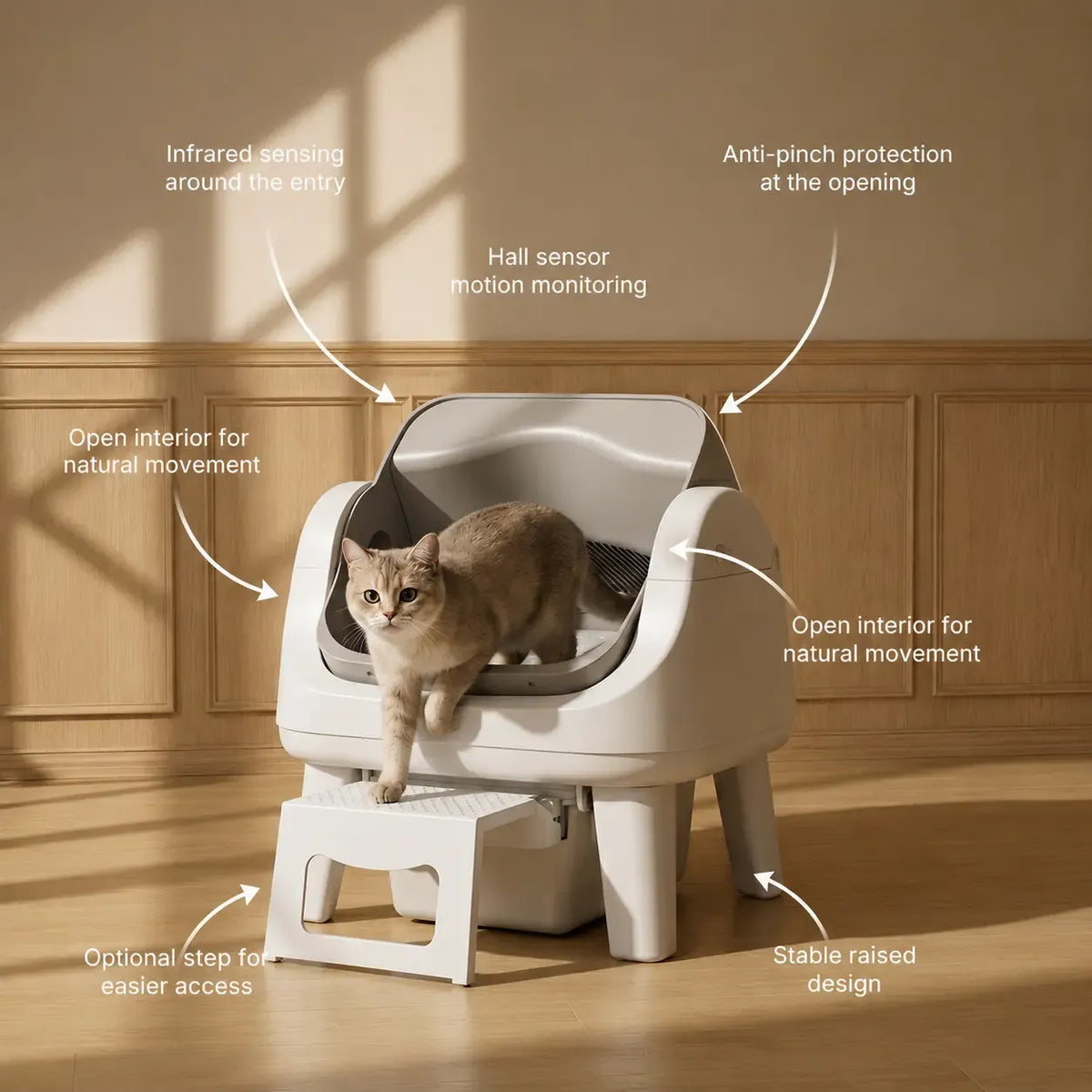 Open-Top Automatic Self-Cleaning Cat Litter Box – Easy-Entry Front Step, Triple Safety Protection and App-Free Operation
