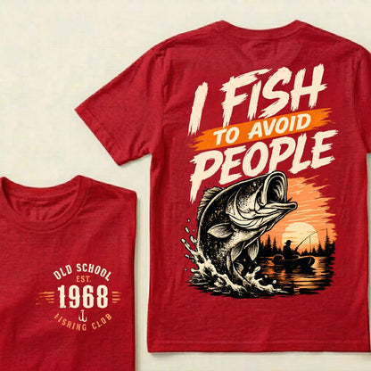 Custom EST.Year I Fish To Avoid People Old School 1968 Bass Fishing Sunset Lake Graphic T-Shirt