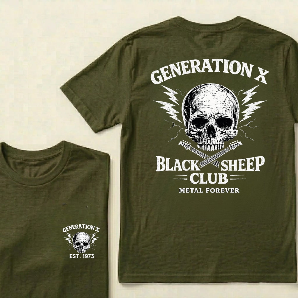Custom Year Generation X Black Sheep Club Metal Forever Skull Lightning Guitar Graphic T-Shirt