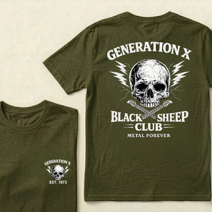 Custom Year Generation X Black Sheep Club Metal Forever Skull Lightning Guitar Graphic T-Shirt