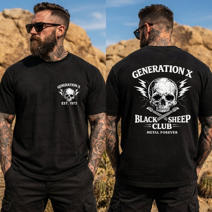 Custom Year Generation X Black Sheep Club Metal Forever Skull Lightning Guitar Graphic T-Shirt