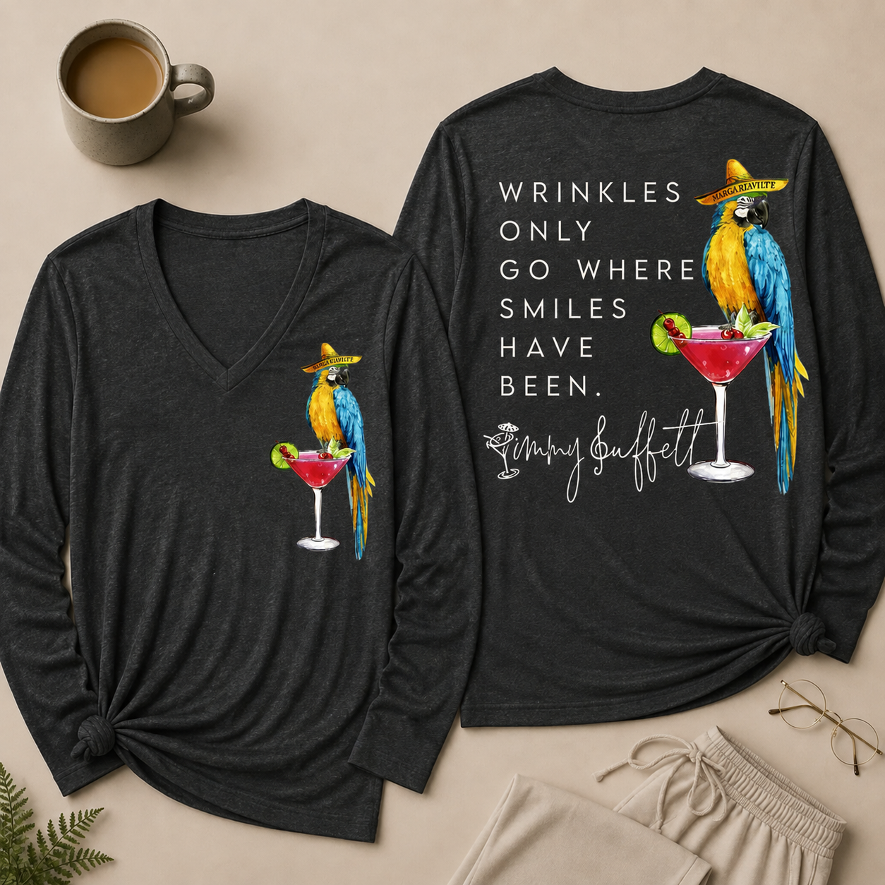 Wrinkles Only Go Where Smiles Have Been V Neck Long Sleeve Shirt