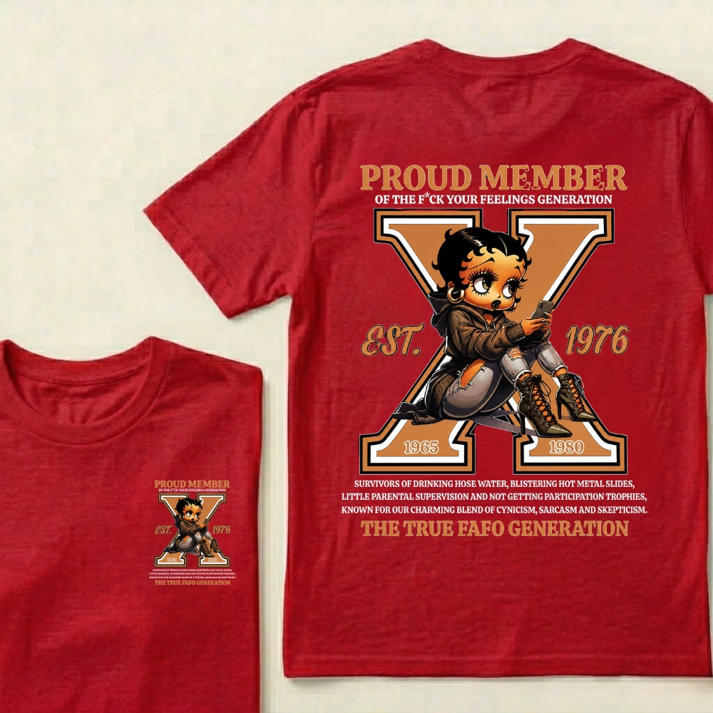 Custom EST.Year Proud Member Of The Fuck Your Feelings Generation X Betty Boop Graphic T‑Shirt