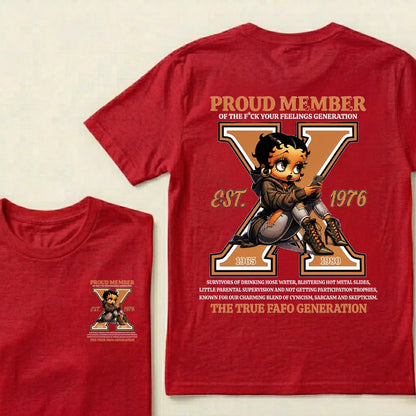 Custom EST.Year Proud Member Of The Fuck Your Feelings Generation X Betty Boop Graphic T‑Shirt